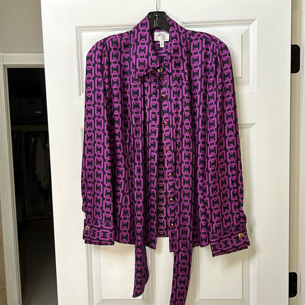 Milly silk magenta and black long sleeve blouse. Size 6
